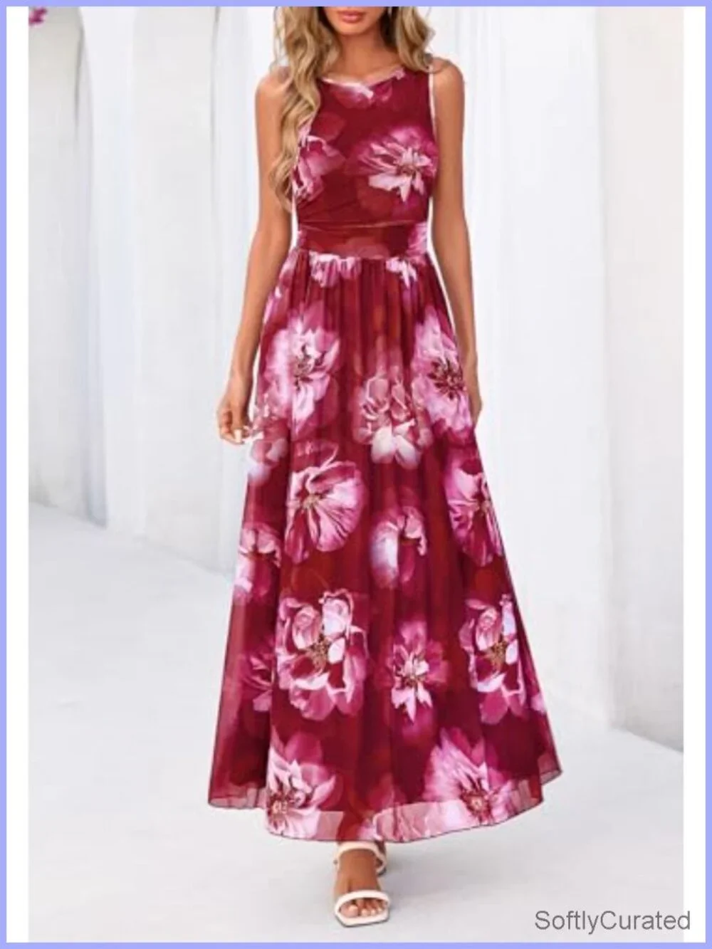 Sleeveless Floral Maxi Dress Mesh High Waist Pleated Sundress with Pockets